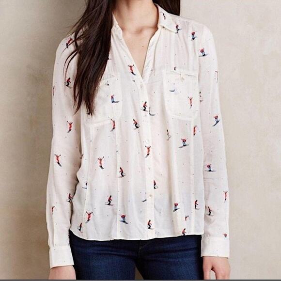 Anthropologie Larkin Skier Print Button Down L/S Blouse - Picture 1 of 11